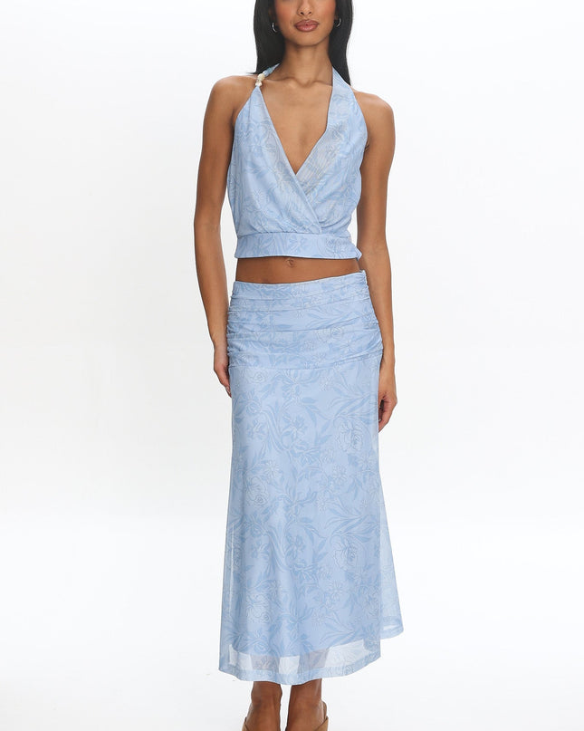 Blue Ruched Floral Maxi Skirt