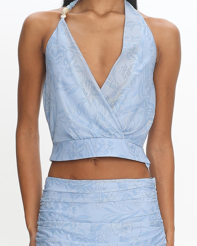 Blue Floral Wrap Crop Top