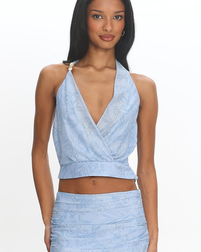 Blue Floral Wrap Crop Top
