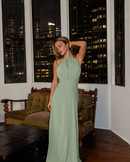 Matcha Ruched Halter Maxi Dress