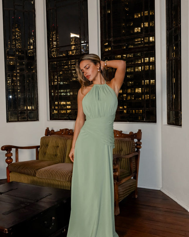 Matcha Ruched Halter Maxi Dress