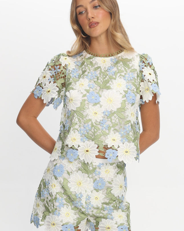 Green Embroidered Shorts Floral