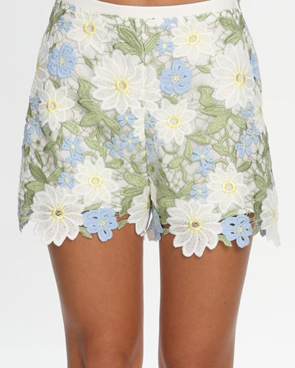 Green Embroidered Shorts Floral