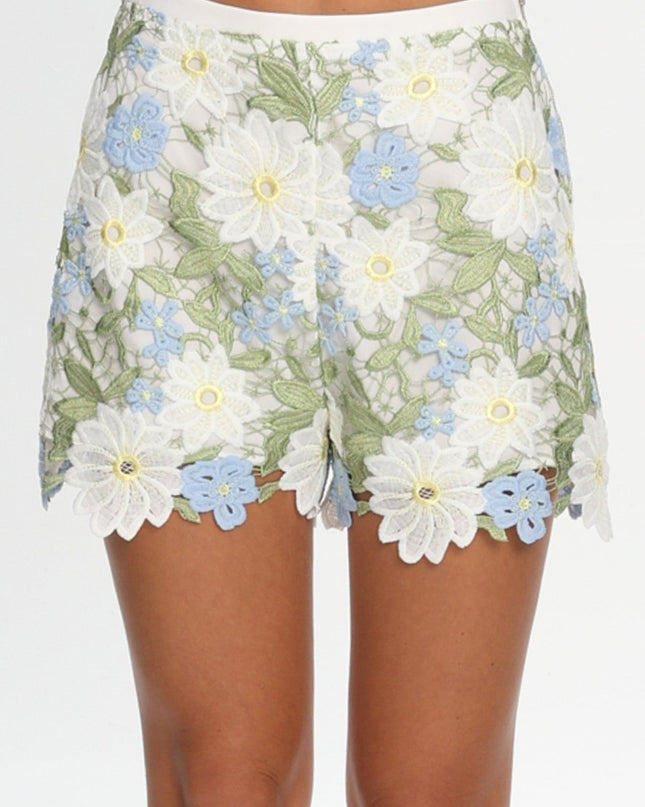 Green Embroidered Shorts Floral