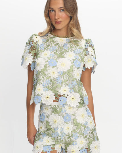 Green Embroidered Shorts Floral
