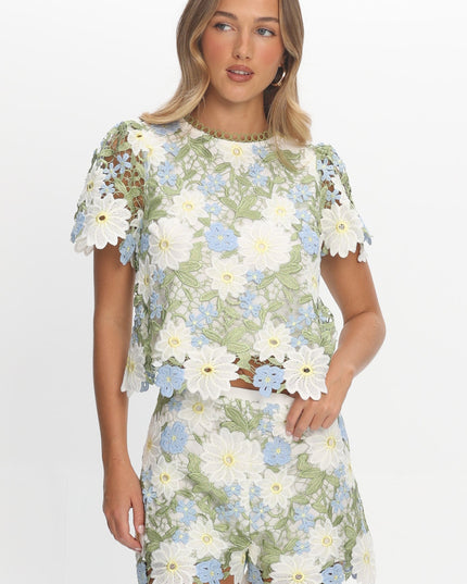 Green Embroidered Top Floral