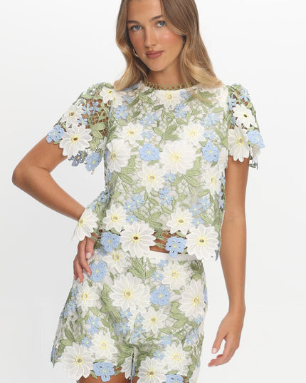 Green Embroidered Top Floral