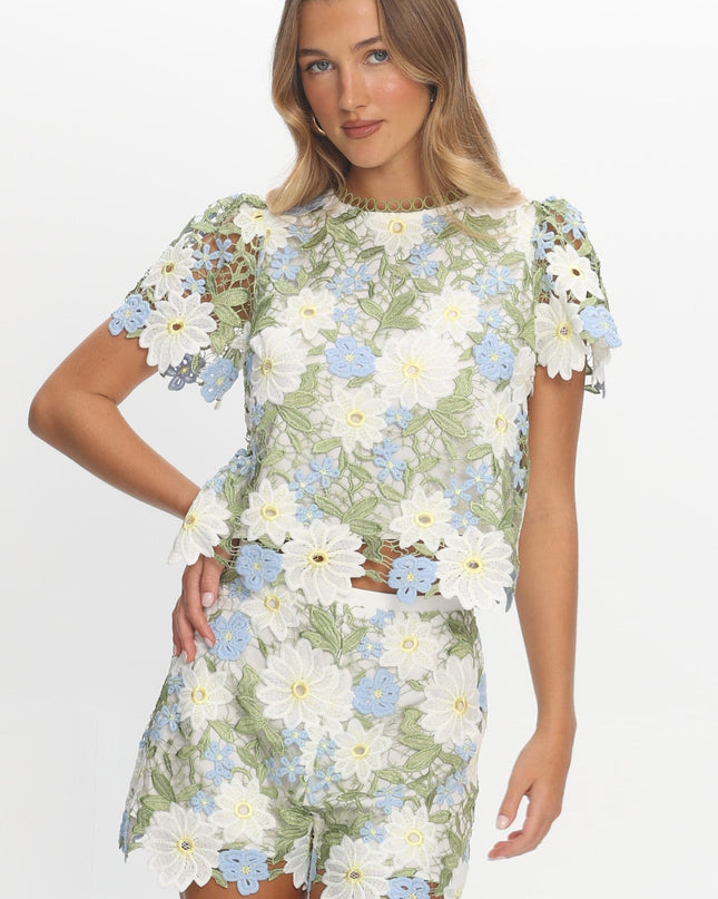 Green Embroidered Top Floral
