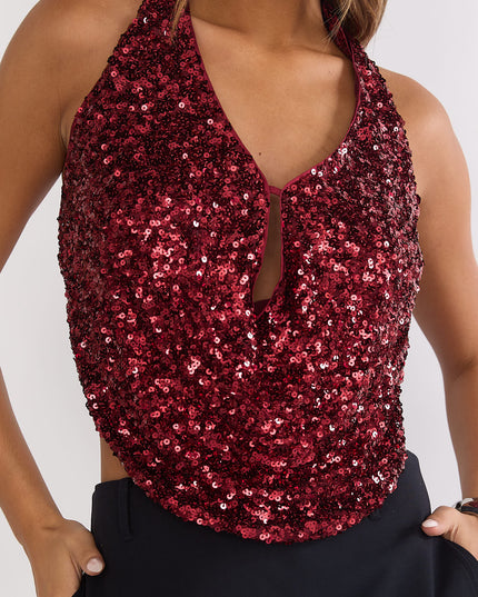 Cherry Backless Halter Top Sequin