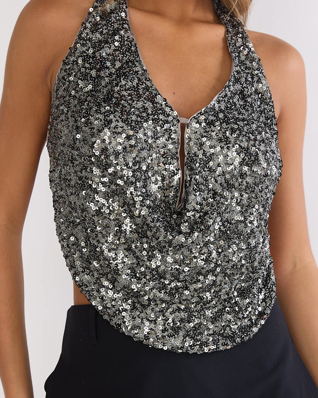 Gunmetal Backless Halter Top Sequin