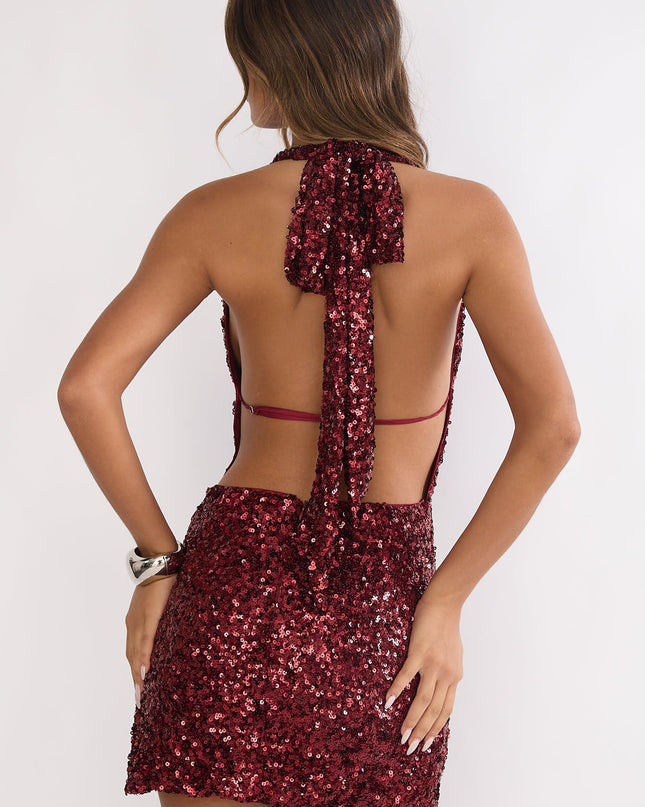 Cherry Halterneck Backless Sequin Mini Dress