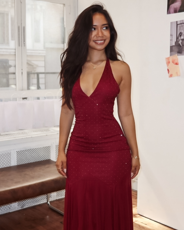Burgundy Halter Sheer Hem Midi Dress