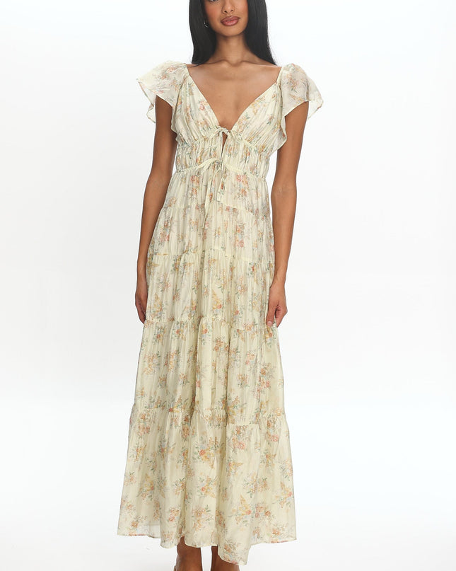 Floral Ruffle Shoulder Maxi Dress