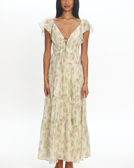 Floral Ruffle Shoulder Maxi Dress