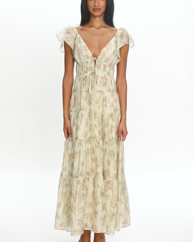 Floral Ruffle Shoulder Maxi Dress