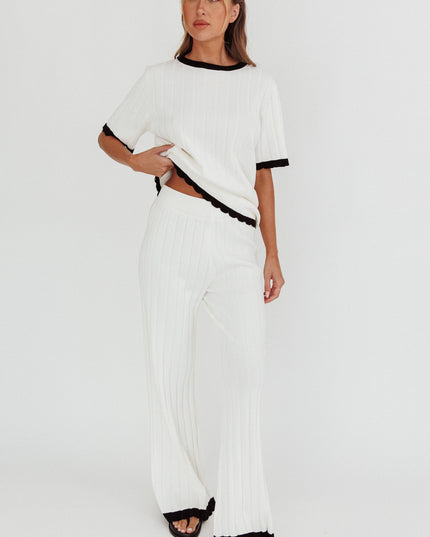 White Contrast Trim Ribbed Knit Pants