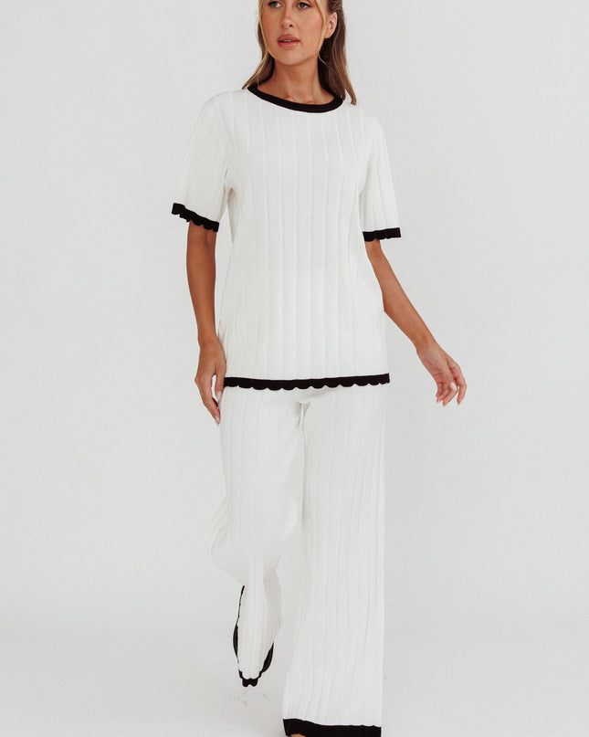 White Contrast Trim Ribbed Knit Pants