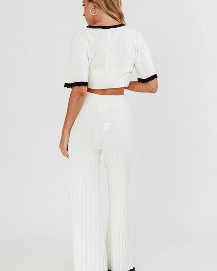 White Contrast Trim Ribbed Knit Pants