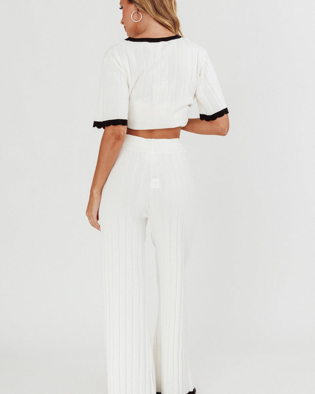 White Contrast Trim Ribbed Knit Pants