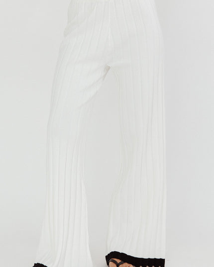 White Contrast Trim Ribbed Knit Pants