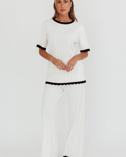 White Contrast Trim Ribbed Knit Pants
