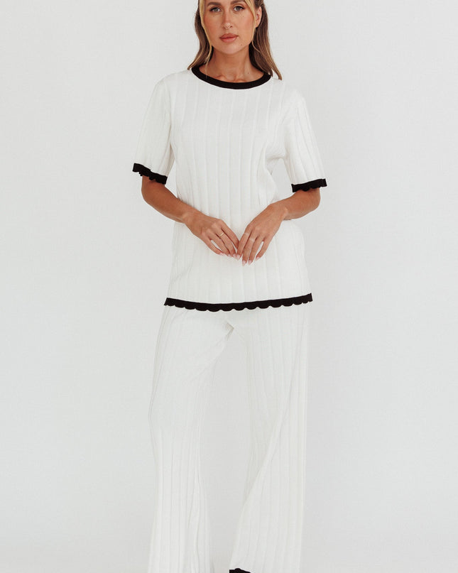 White Contrast Trim Ribbed Knit Pants