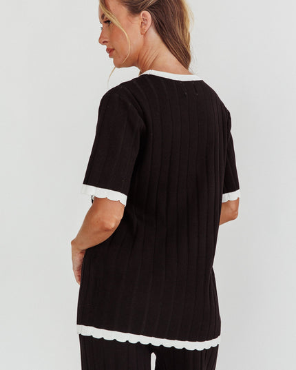 Black Contrast Trim Ribbed Knit Top