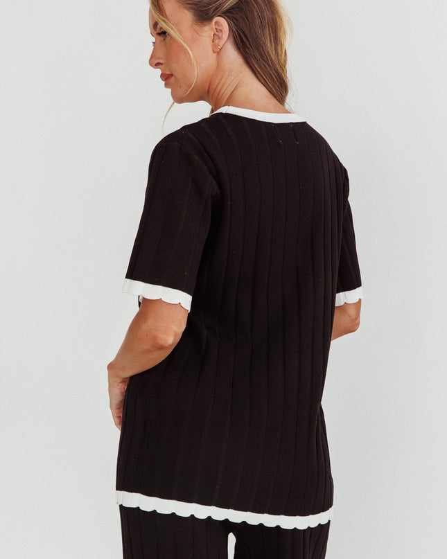Black Contrast Trim Ribbed Knit Top