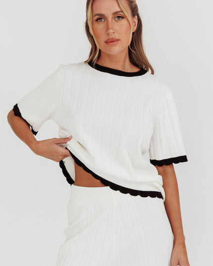 White Contrast Trim Ribbed Knit Top