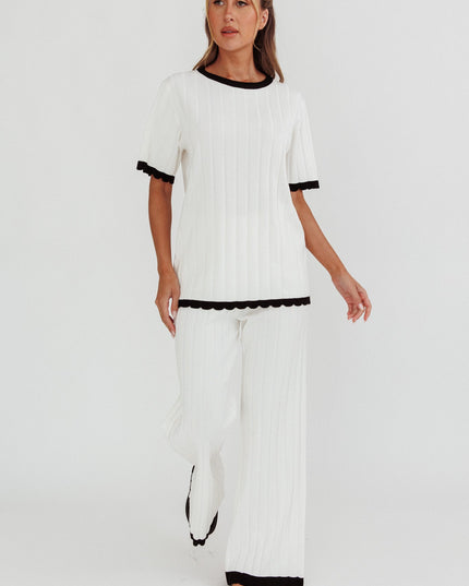 White Contrast Trim Ribbed Knit Top