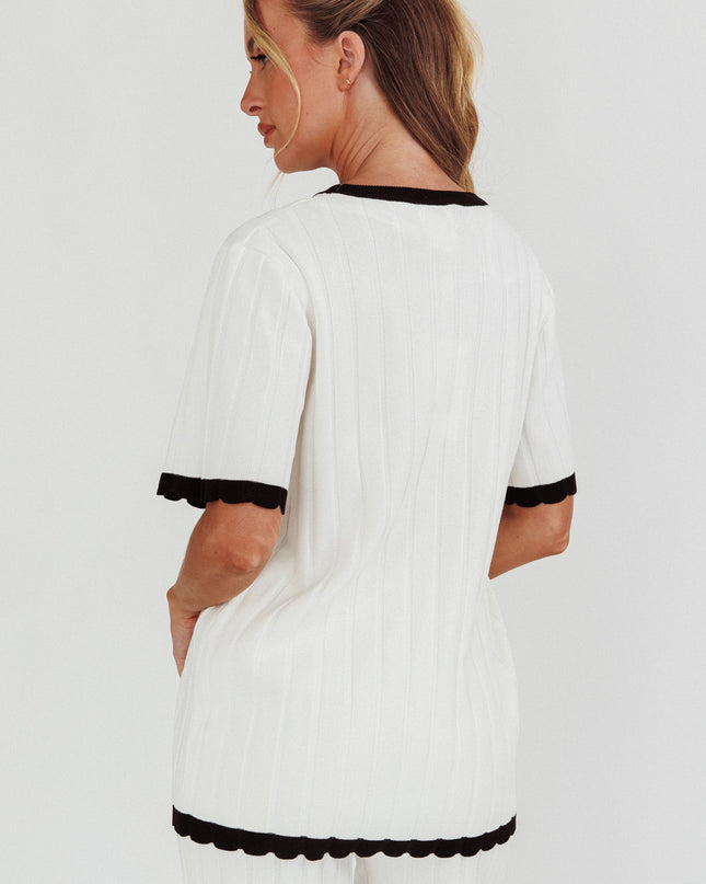 White Contrast Trim Ribbed Knit Top