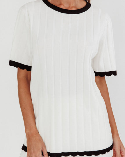White Contrast Trim Ribbed Knit Top