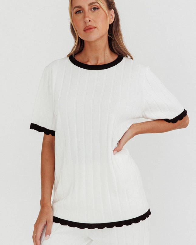 White Contrast Trim Ribbed Knit Top
