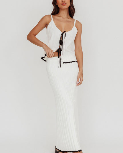 White Contrast Trim Ribbed Maxi Skirt