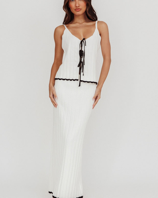 White Contrast Trim Ribbed Maxi Skirt