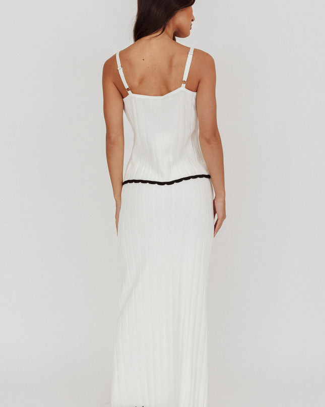 White Contrast Trim Ribbed Maxi Skirt