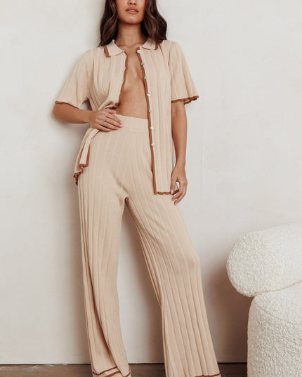 Beige Contrast Ribbed Wide Leg Pant