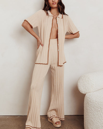 Beige Contrast Ribbed Wide Leg Pant