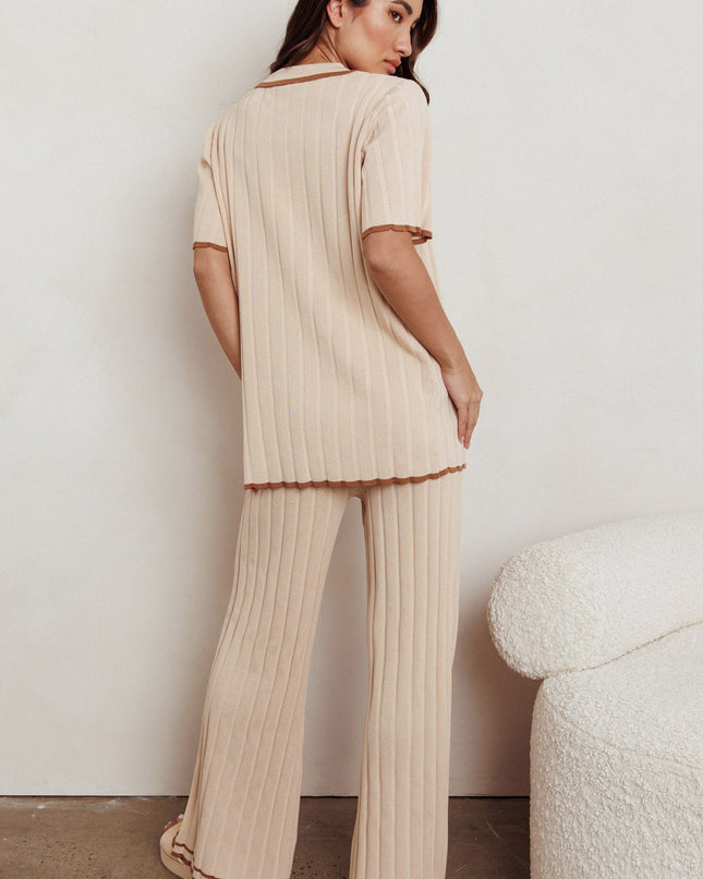 Beige Contrast Ribbed Wide Leg Pant