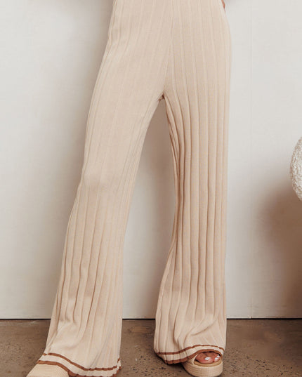 Beige Contrast Ribbed Wide Leg Pant