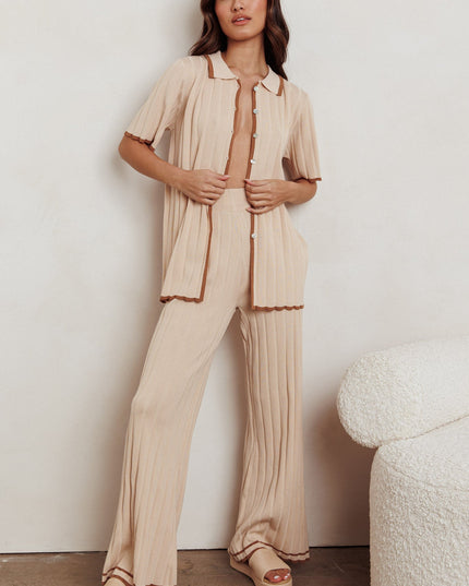 Beige Contrast Ribbed Wide Leg Pant