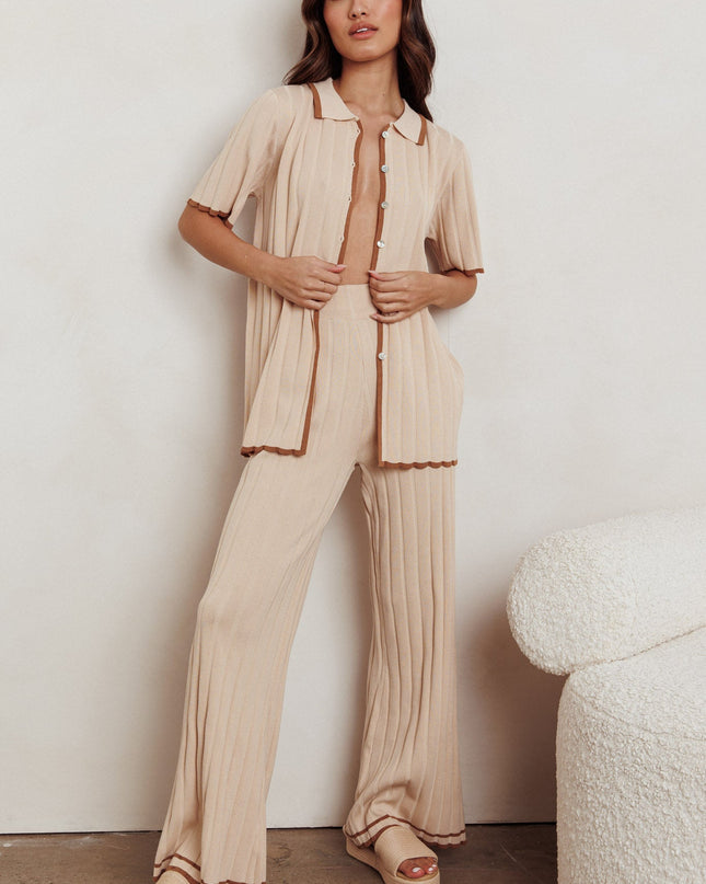 Beige Contrast Ribbed Wide Leg Pant