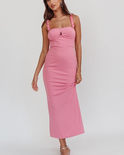 Pink Rosette Strap Midi Dress