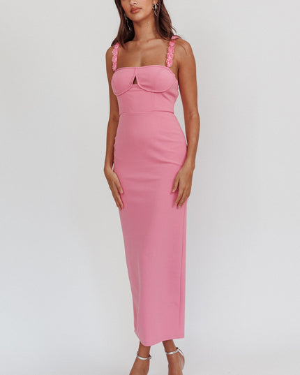 Pink Rosette Strap Midi Dress