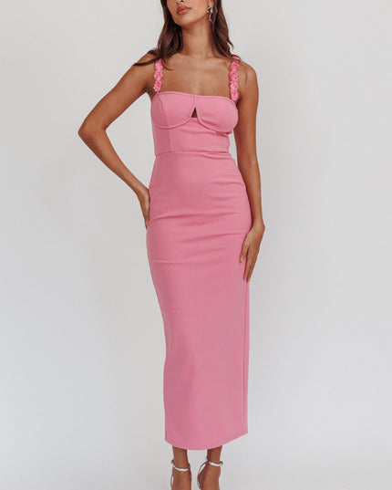 Pink Rosette Strap Midi Dress