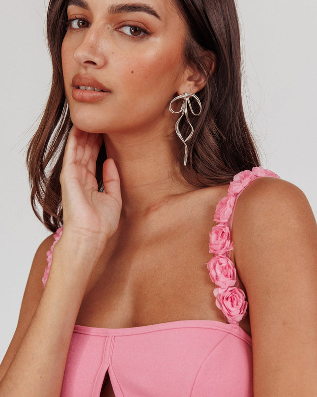 Pink Rosette Strap Midi Dress