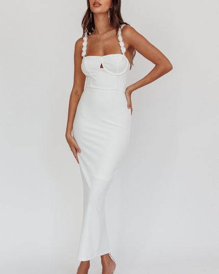 White Rosette Strap Midi Dress