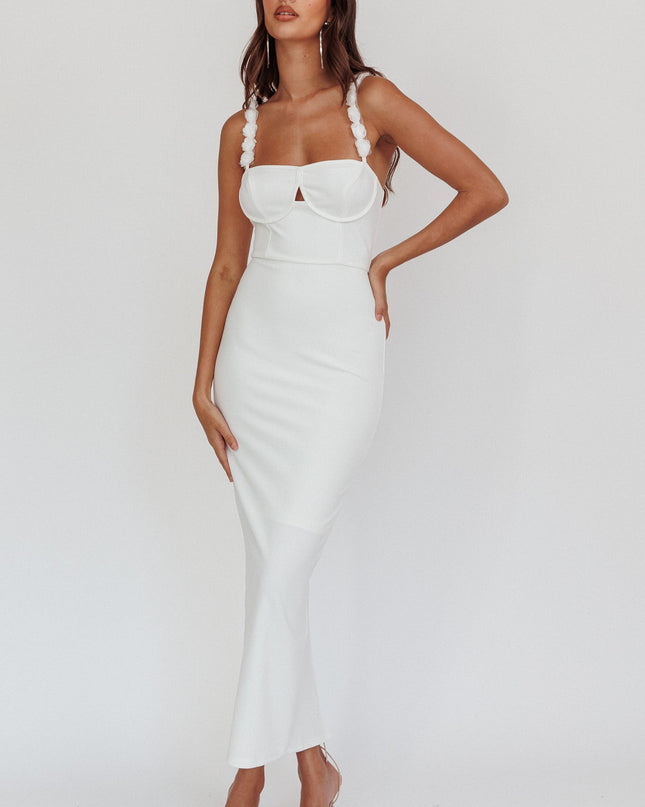 White Rosette Strap Midi Dress