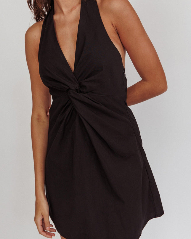 Black Twist Bust Halterneck Mini Dress