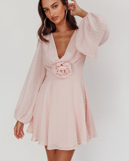 Baby Pink Open Heart Long Sleeve Rosette Mini Dress